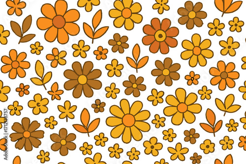 Tropical aesthetic vintage groovy floral seamless pattern with retro 60s, 70s hippie style, decorative naive flowers, boho minimalist vintage background design for printable use