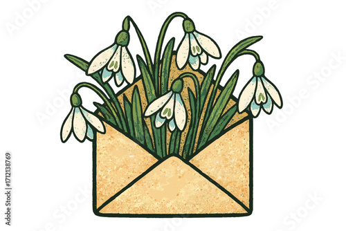 Whimsical vintage envelope filled with snowdrop flowers bouquet, spring floral letter art, halftone collage, mixed media illustration, delicate nature symbol concept