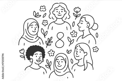 International Women's Day greeting card design with diverse women faces, 8 March celebration concept, round composition, hand-drawn linear doodle style, vector cartoon illustration