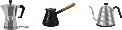 Coffee maker illustration, moka pot design, cezve coffee pot, metal kettle vector, kitchen cookware graphic, espresso brewing equipment, traditional coffee utensil