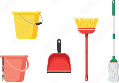 Cleaning tools illustration with bucket, mop, broom, dustpan, household equipment, sanitation supplies, hygiene maintenance, vector design, home cleaning accessories