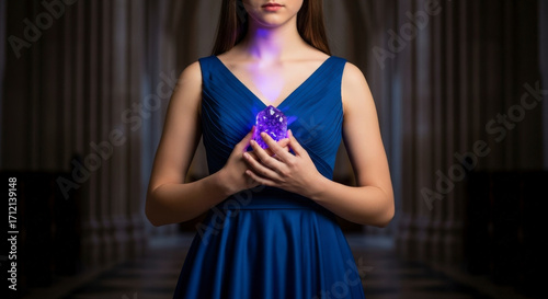 Young Woman Holding Glowing Crystal in Blue Dress in Dramatic Lighting Indoor Scene