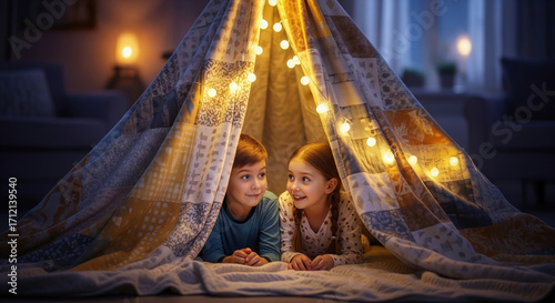 Boy and girl sharing a secret in a cozy blanket fort with string lights at night. Concept of childhood imagination and friendship.