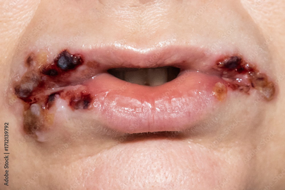 Fototapeta premium Infection on lips. Crack in the corner of the mouth, sores around the mouth, sore on the lips with dry blood on the woman face.