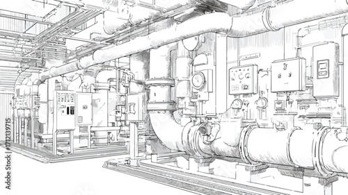 Industrial Factory Interior with Pipes and Control Panel