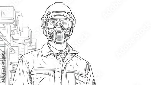 Professional Factory Worker Outline Vector Illustration with Industrial Machines