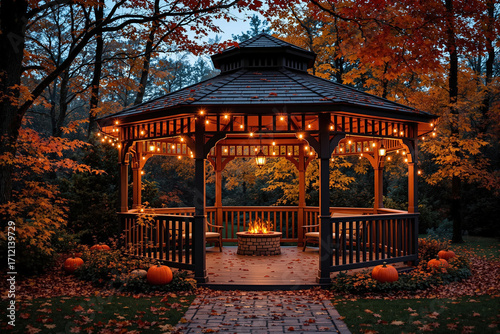 Fototapeta Naklejka Na Ścianę i Meble -  Cozy autumn gazebo with string lights and a fire pit at dusk. Inviting backyard scene with pumpkins and fall foliage.
