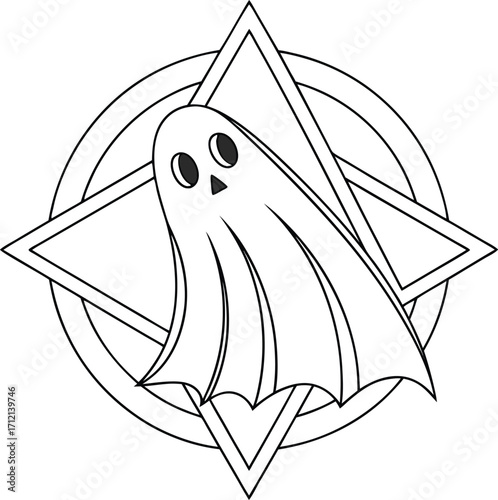 Vector art of a cute, simple, black and white illustration of a ghost character with a friendly face, isolated on a