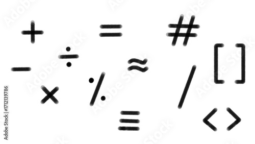 Принти на полотні Mathematical Symbols: Plus, Minus, Divide, Multiply, Equal, Percent, Number, Slash, Brackets, Approximation, Signs - Black Isolated on transparent background