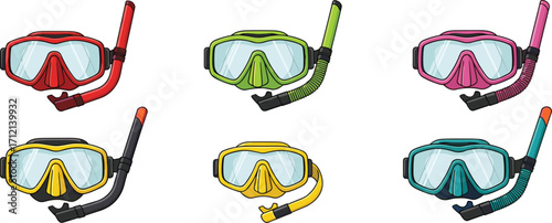 Colorful snorkeling masks with snorkel tubes set, flat vector illustration, diving gear equipment collection, isolated on white background design.