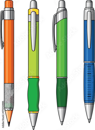 Colorful pens and pencil illustration, stationery vector design, writing tools collection, office supplies, school education equipment, isolated on white