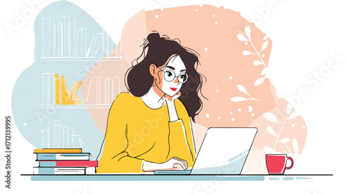 Female University Student Working on Laptop in Cafe