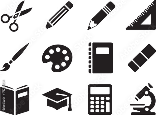 School supplies icons for learning and creativity