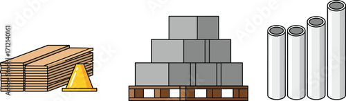 Construction materials illustration with wood planks, concrete blocks, metal pipes, pallet storage, building supplies, safety cone, industry equipment, vector design