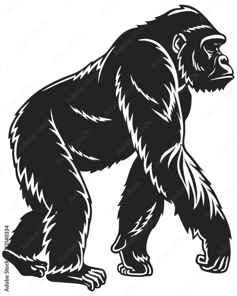 Fototapeta premium Realistic gorilla silhouette, side view, detailed vector illustration, strong muscular body, solid black design, isolated on transparent background