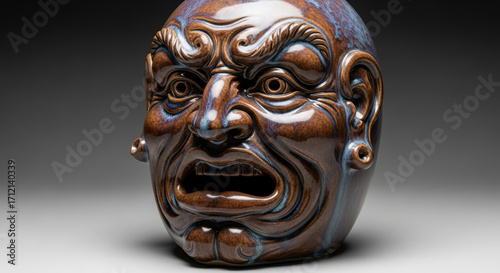 Menacing Ceramic Face Sculpture with Glazed Brown and Blue Detailing and Dramatic Expression on Grey Background