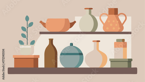 A shelf filled with neutralcolored pottery and ceramic vases adding character to the room.