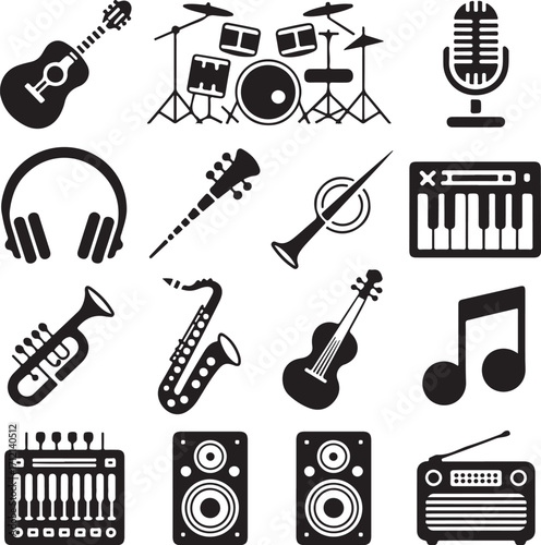 Diverse musical instruments and audio gear icons collection