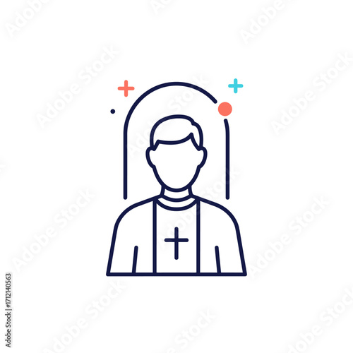 Simple line art icon of a clergy member in formal attire with religious symbolism and decorative elements