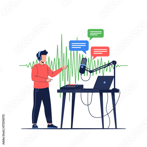 Illustrative visual representation of a podcaster engaging in live audio broadcast with digital equipment and communication bubbles