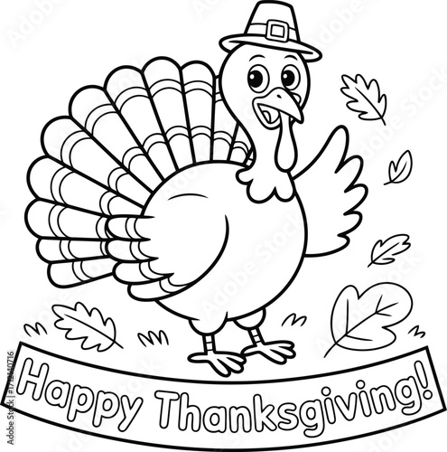 Cute cartoon turkey wearing a hat and waving hello with falling autumn leaves and a happy thanksgiving banner below for coloring