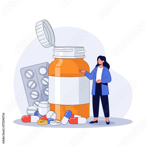 Healthcare professional reviews prescription medication bottles and pills assessing treatment effectiveness