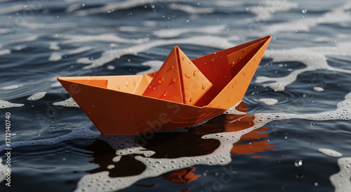 Orange paper boat navigating on dark, choppy water. Concept of resilience, struggle, and facing challenges during a difficult journey.