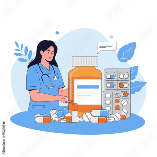 Healthcare professional advising on prescription medication and pharmaceutical packaging options for optimal patient care