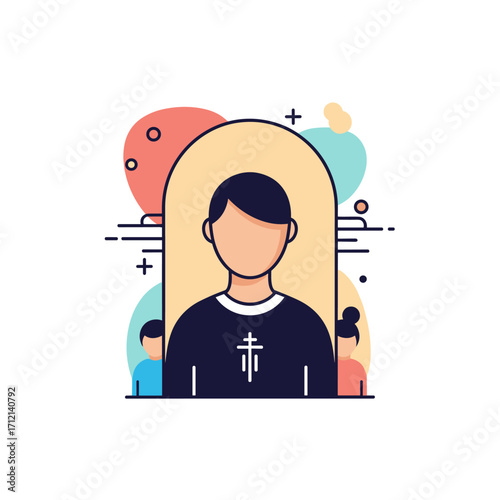 Religious clergy leading a congregation of diverse people in a modern abstract style illustration