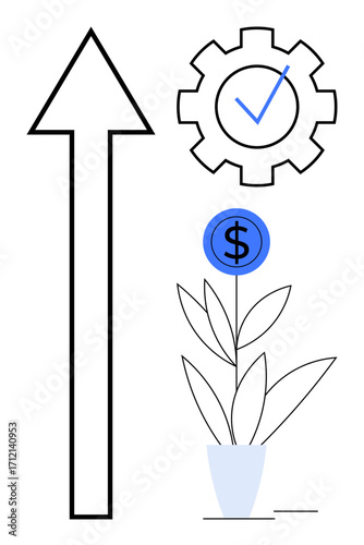 Upward arrow, gear with checkmark, and money plant in pot. Ideal for growth, success, investment, productivity, ambition progress efficiency. Simple flat metaphor