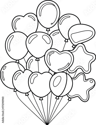 A delightful black and white line drawing illustration of a large bunch of assorted balloons in various shapes and sizes for celebration