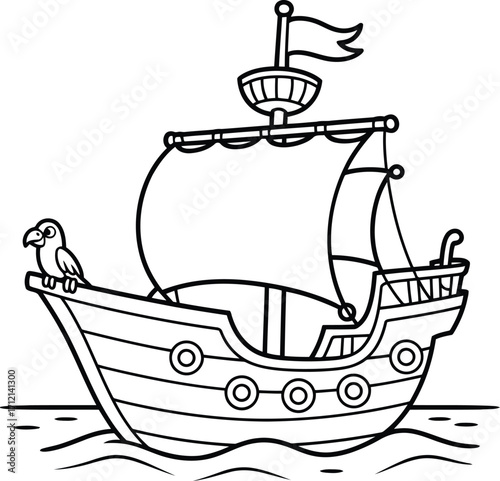 Whimsical cartoon drawing of a classic sailing ship with a parrot perched on the railing floating on gentle waves