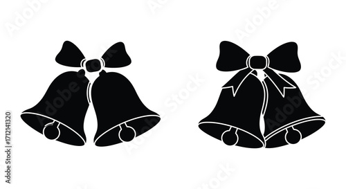 Two simple black and white illustrations of classic christmas bells shown together
