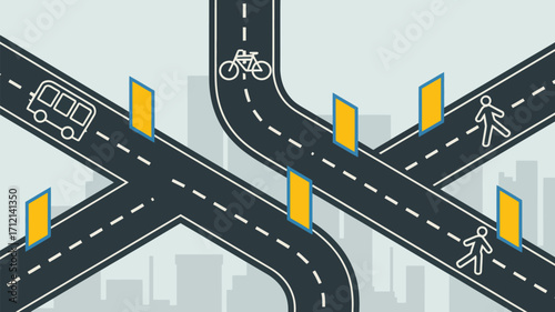 Illustration of roads with bus bicycle pedestrians and yellow barriers over city background