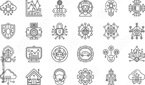 Neural Network, Deep Learning, Robotics Automation, Cloud Data, Chatbot Assistant, Cybersecurity, Voice Recognition, Blockchain, Internet of Things, and Machine Learning Vector Collection