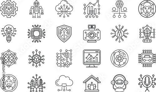 Neural Network, Deep Learning, Robotics Automation, Cloud Data, Chatbot Assistant, Cybersecurity, Voice Recognition, Blockchain, Internet of Things, and Machine Learning Vector Collection