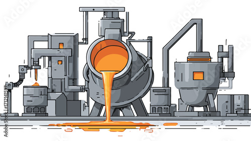 Efficient Steel Manufacturing Line with Molten Metal in Flat Vector Design