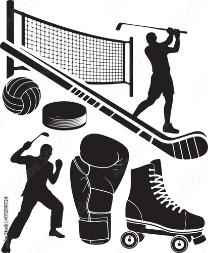 Diverse sports equipment and action silhouettes for active lifestyle