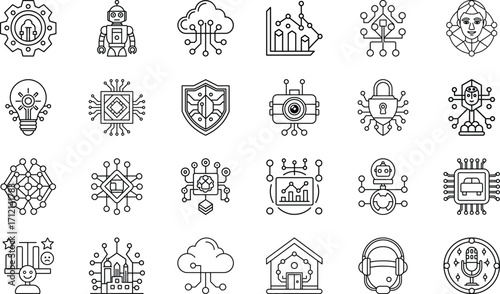 Neural Network, Deep Learning, Robotics Automation, Cloud Data, Chatbot Assistant, Cybersecurity, Voice Recognition, Blockchain, Internet of Things, and Machine Learning Vector Collection