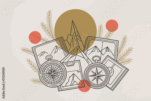 Illustration of compasses and mountain images with circle and pine branch accents on beige background