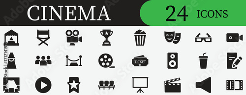 Cinema, film, theatre, motion picture, video, popcorn, ticket, screen, clapper-board, camera, entertainment icon set for media design