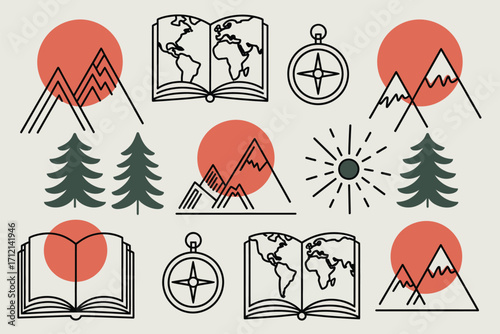 Illustration featuring mountains trees sun compass and world map in an open book design elements