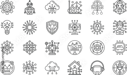 Neural Network, Deep Learning, Robotics Automation, Cloud Data, Chatbot Assistant, Cybersecurity, Voice Recognition, Blockchain, Internet of Things, and Machine Learning Vector Collection