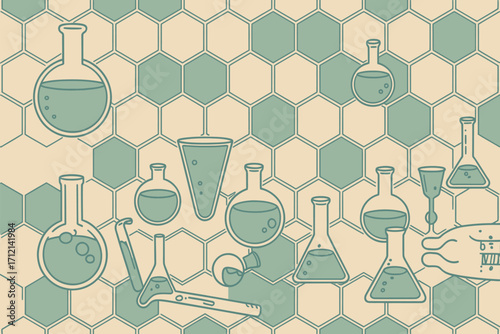 Illustration of various laboratory glassware with liquid against a hexagonal patterned background