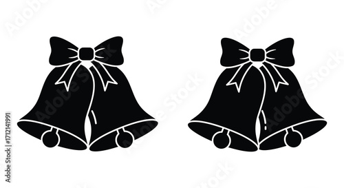 Simple black and white illustration featuring two decorative christmas bells