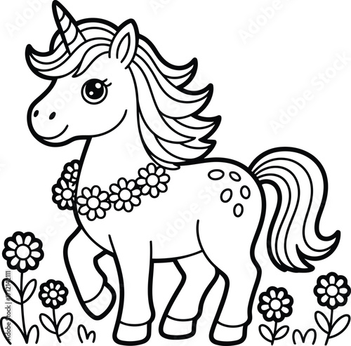 Charming outline drawing of a happy unicorn adorned with a floral lei standing among wildflowers perfect for coloring pages and children s designs