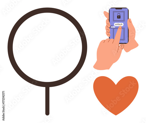 Mobile screen with hands unlocking, female gender sign, and heart. Ideal for technology, gender equality, communication, security, relationships inclusivity empowerment. Simple flat metaphor