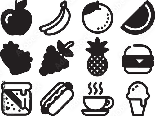 Fresh food icons delicious fruits and snacks collection