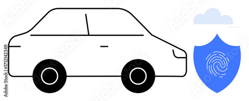 Minimalistic car beside shield with fingerprint and cloud, symbolizing vehicle safety, data protection, and cloud storage. Ideal for security, automotive, technology, smart systems, data innovation