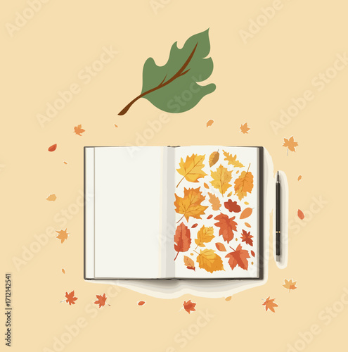 Vector design of A minimalist flat design featuring an open book with pages turned to a section filled with vibrant autumn-themed